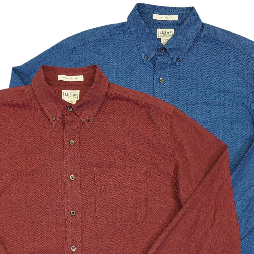 (Lot of 2) LL Bean Button Down Shirt Men L Tall Blue Burgundy Herringbone Cotton
